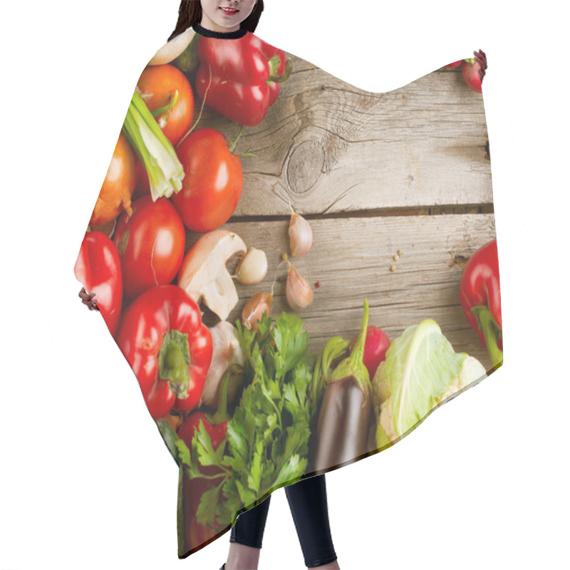 Personality  Healthy Organic Vegetables On The Wooden Background Hair Cutting Cape