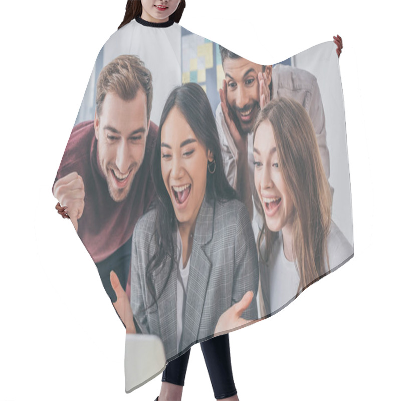 Personality  Smiling Multicultural Businesswomen And Businessmen Looking At Laptop In Office  Hair Cutting Cape