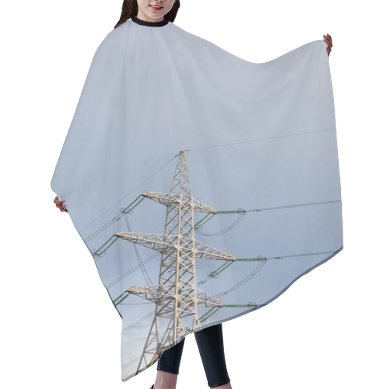 Personality  Low Angle View Of Electric Pole With Wires On Grey Cloudy Background  Hair Cutting Cape