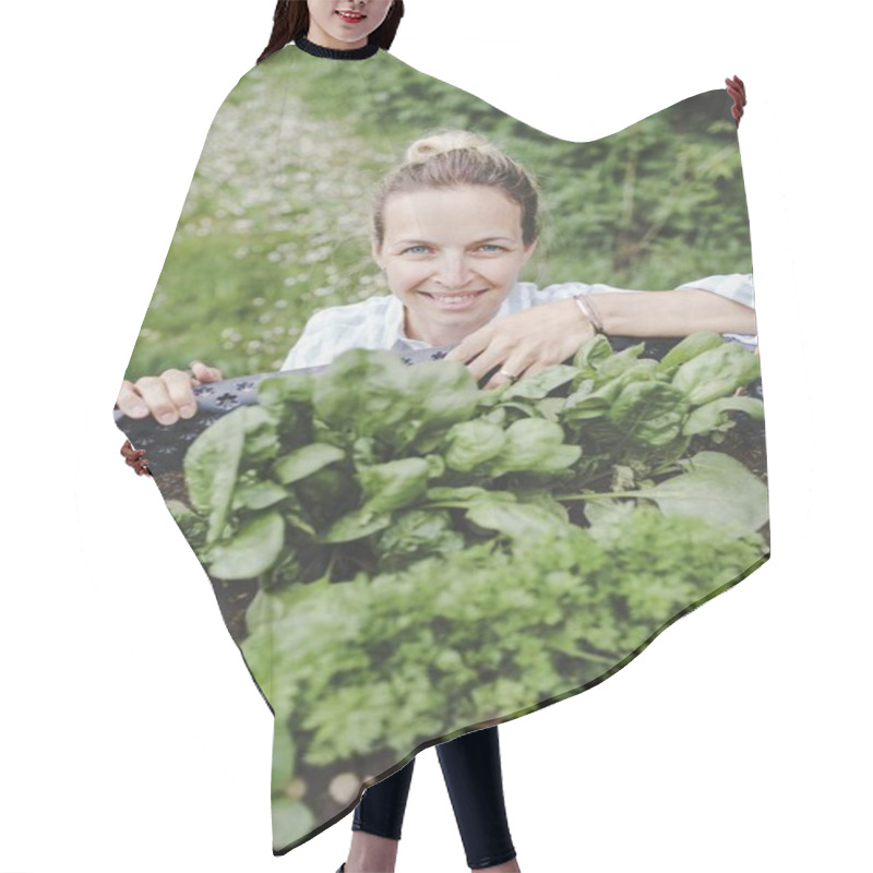 Personality  Beautiful Woman Posing Next To Raised Garden Bed And Her Fresh Vegetables Hair Cutting Cape