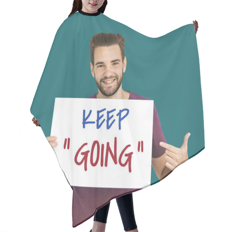 Personality  Man With Beard Holds Placard   Hair Cutting Cape