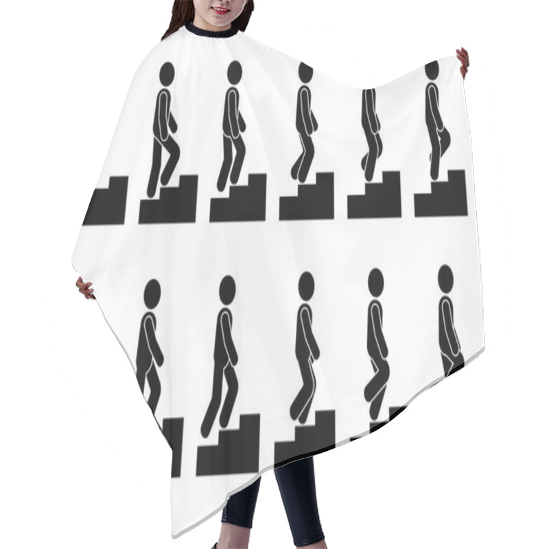 Personality  Stick Figure Male On Stairs Icon Set. Vector Man Walking Step By Step Sequence Pictogram Hair Cutting Cape