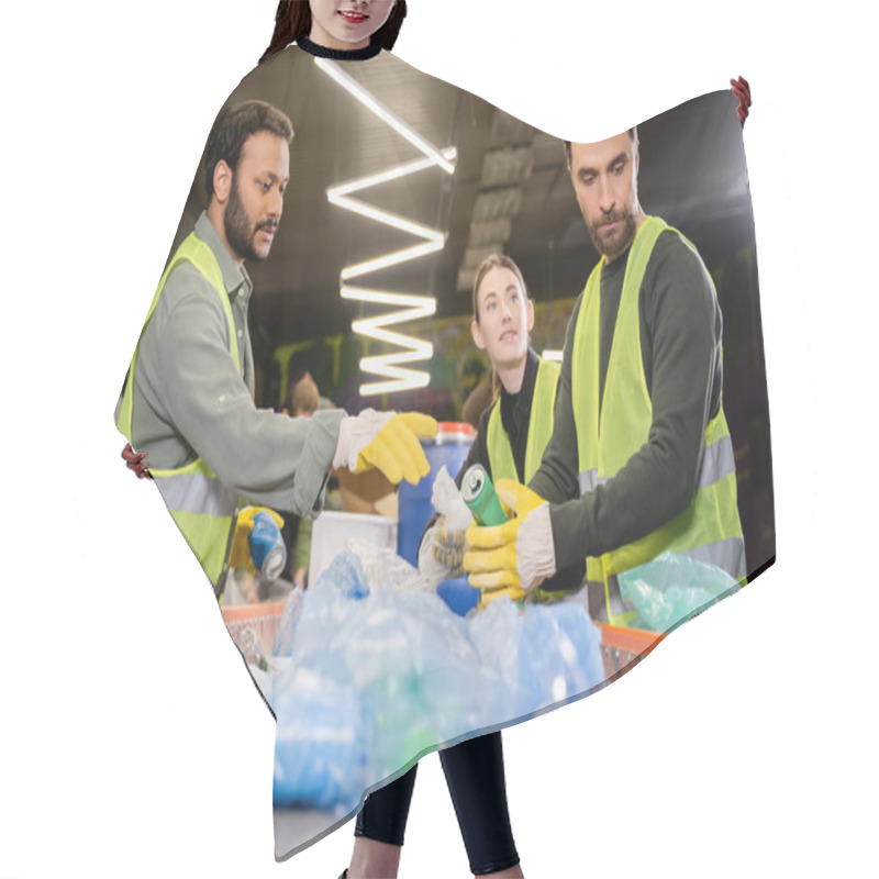 Personality  Multiethnic Sorters In Protective Clothes And Gloves Talking To Colleague While Working With Plastic Garbage On Conveyor In Waste Disposal Station, Garbage Sorting And Recycling Concept Hair Cutting Cape