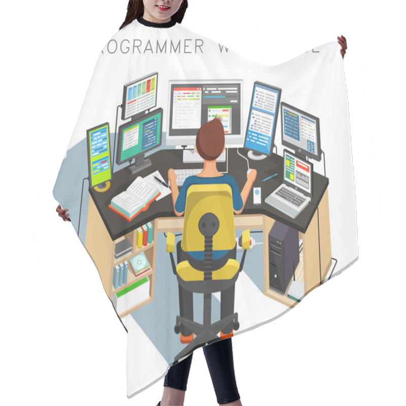 Personality  The Programmer Writes Code. Vector Illustration Hair Cutting Cape