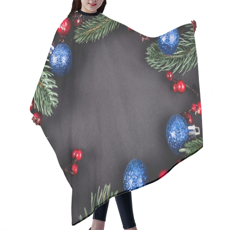 Personality  Top View Of Pine Branches, Artificial Berries And Christmas Balls On Black Background Hair Cutting Cape