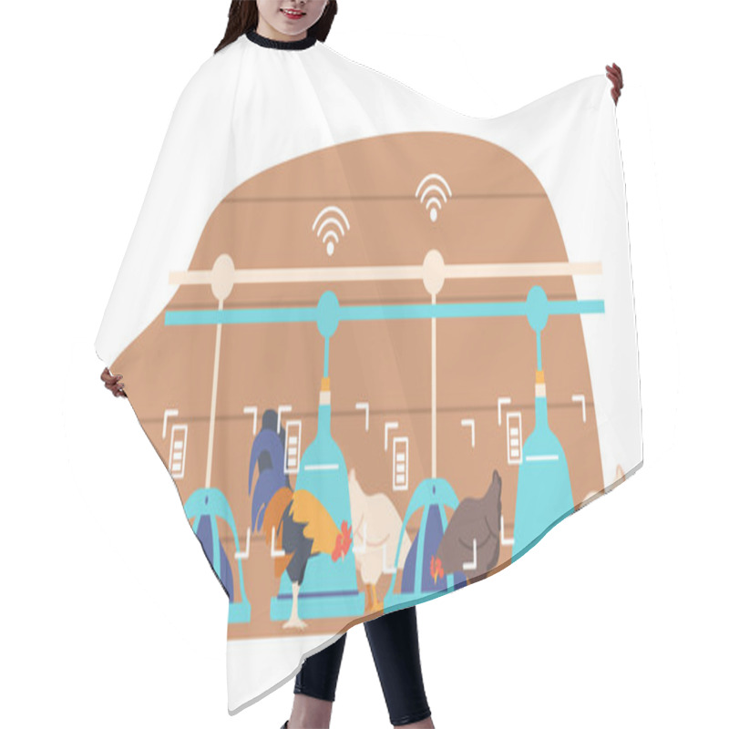 Personality  Smart Feed Iot System For Chickens On Farm Provides Efficient And Automated Feeding To Ensure Optimal Growth And Health. Advanced Technology Monitors Fowl Consumption. Cartoon Vector Illustration Hair Cutting Cape