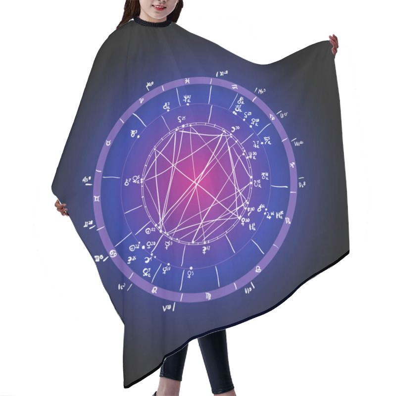 Personality  Horoscope Natal Chart, Astrological Celestial Map, Cosmogram, Vitasphere, Radix. Blue White Pink Black Color. Hand Drawn Calligraphy. Vector Hair Cutting Cape