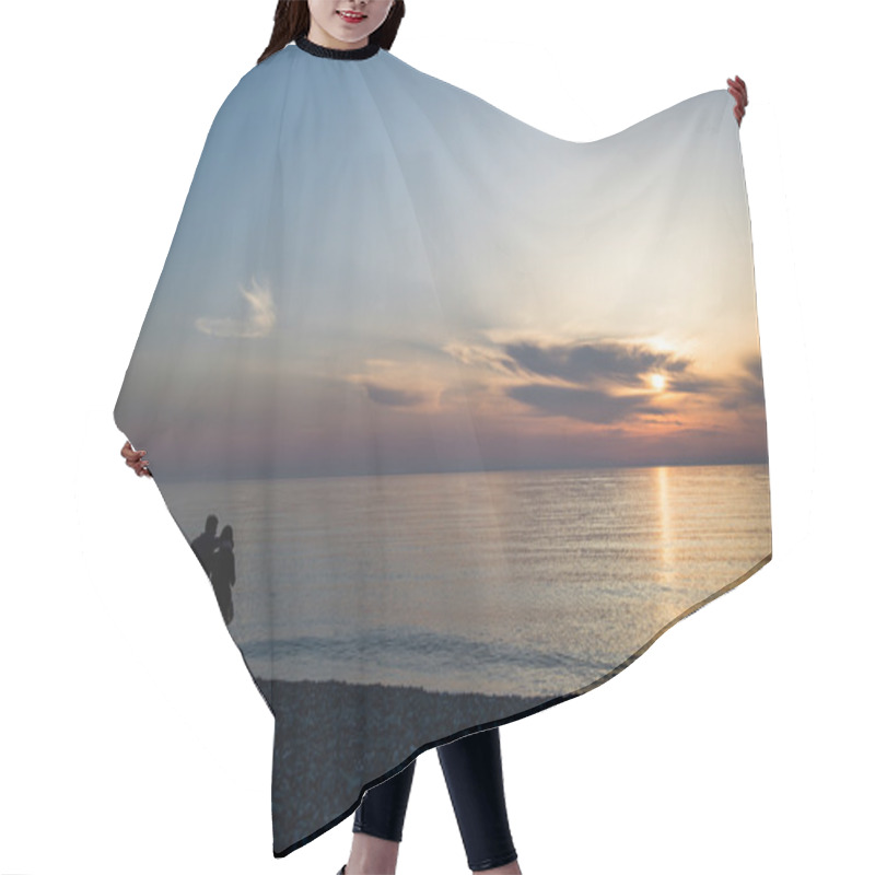 Personality  Couple In Love Back Light Silhouette At Lake Sunset Full Length Hair Cutting Cape