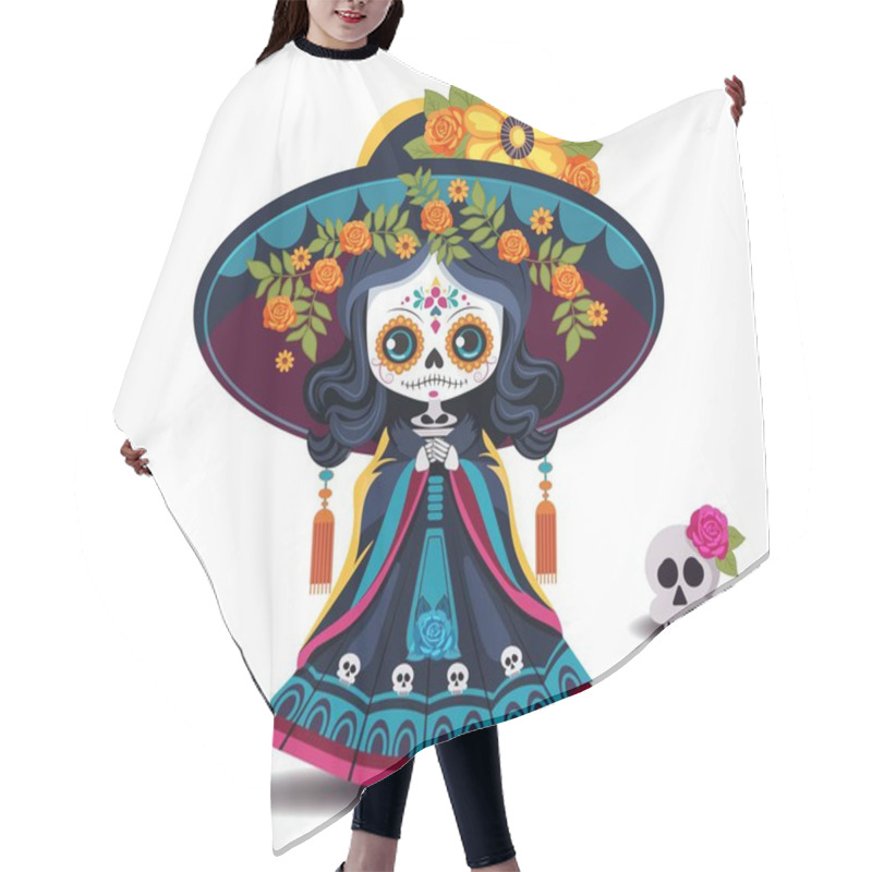 Personality  Vector Illustration For The Mexican Holiday Day Of The Dead. Image Cute Dead Girl In Cartoon Style In Big Mexican Sambrero Hat With Flowers.  Isolated Design Element On White Background.  Hair Cutting Cape