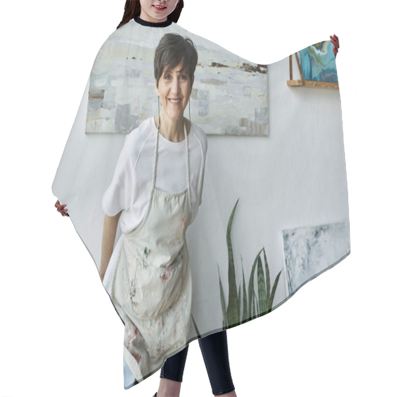 Personality  A Passionate Painter Embraces Creativity In Her Bright Art Studio. Hair Cutting Cape