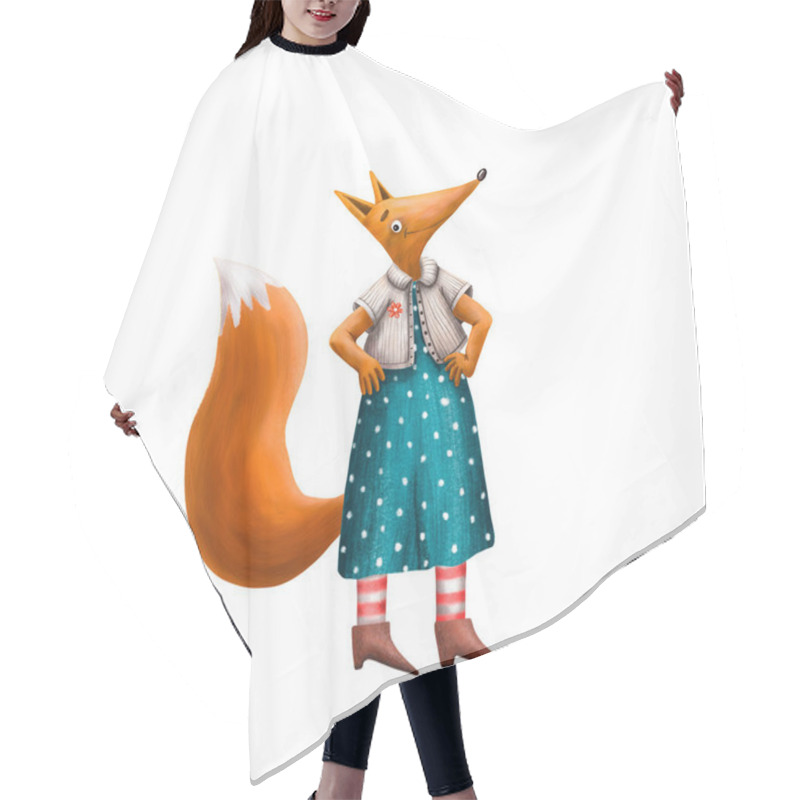 Personality  Cute Digital Illustration Of Fox. Funny Animal Character. Happy Forest Animal. Young Woman. Cartoon Style Of Illustration. Red Furry Tail. Fantasy Character. Dressed Animal. Funny Mascot. Hair Cutting Cape