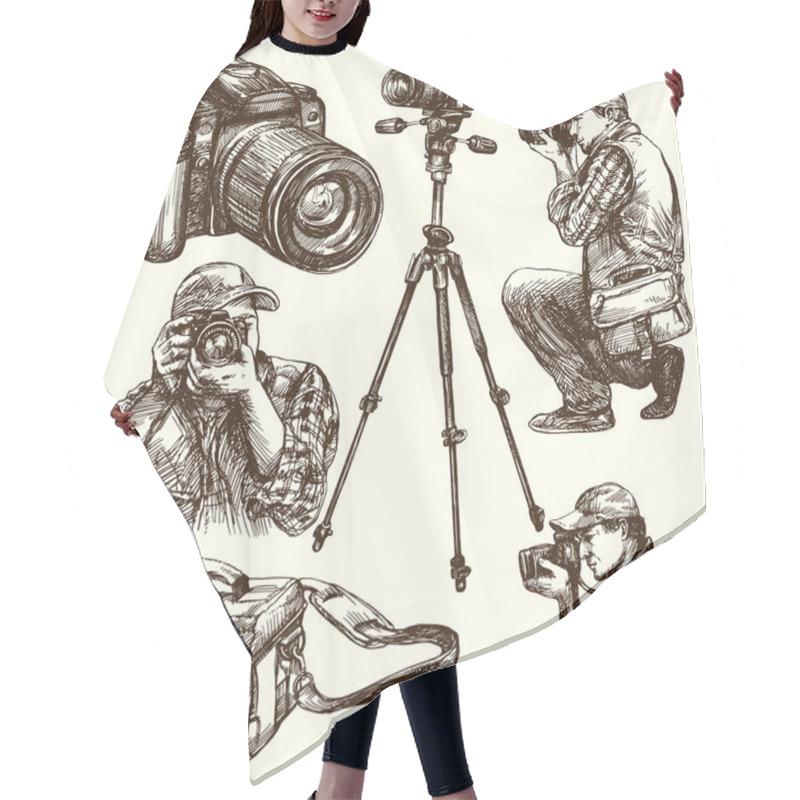 Personality  Photographer With Camera. Hand Drawn Illustration. Hair Cutting Cape