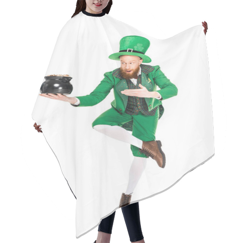 Personality  Leprechaun Presenting Pot Of Gold, Isolated On White  Hair Cutting Cape