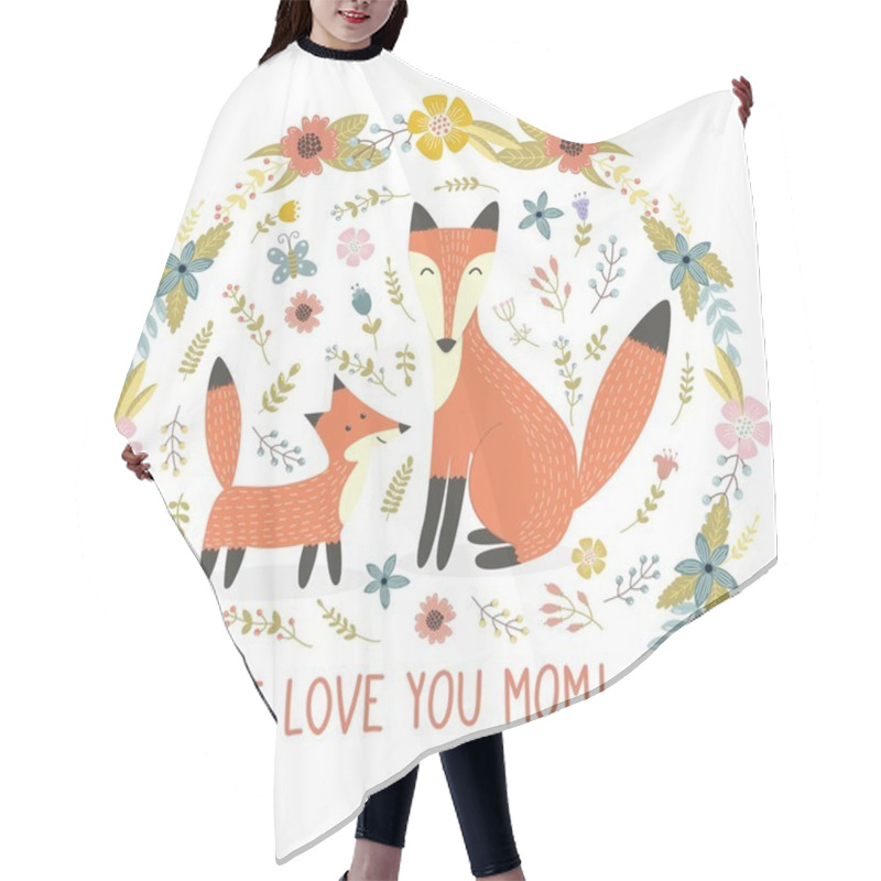 Personality  I Love Mom Greeting Card With A Mother Fox And Her Baby Hair Cutting Cape