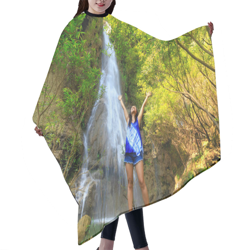 Personality  Happy Woman At Waterfall Hair Cutting Cape