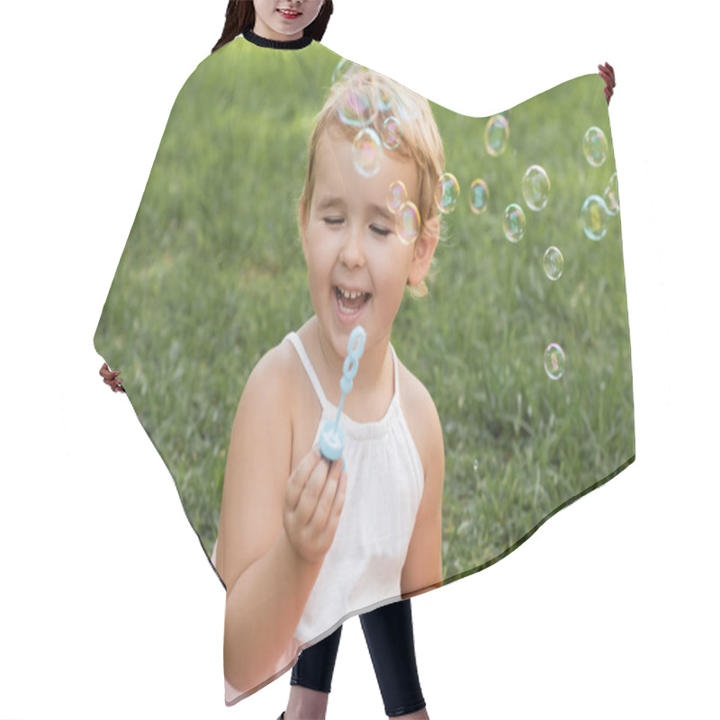 Personality  Excited Baby Girl Playing With Sop Bubbles In Summer Park  Hair Cutting Cape