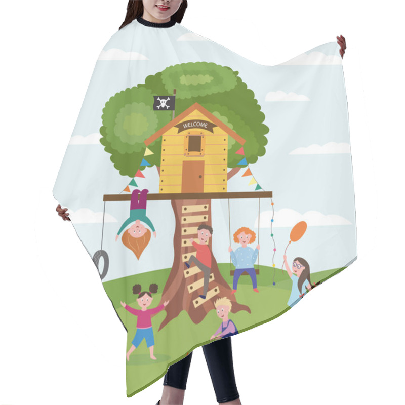 Personality  Tree House And Children Playing At Summer Background Flat Vector Illustration. Hair Cutting Cape