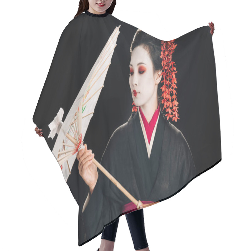 Personality  Beautiful Geisha In Black Kimono With Red Flowers In Hair Looking At Traditional Asian Umbrella Isolated On Black Hair Cutting Cape