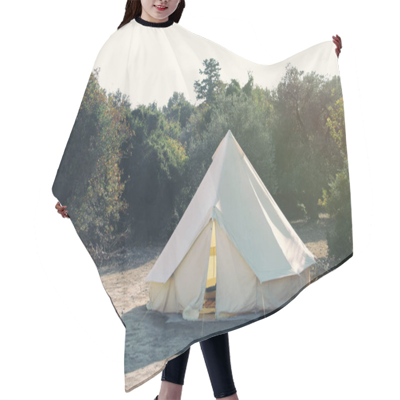 Personality  Glamping Campsite In The Forest. Big Camping Tent For Luxury Outdoor Vacation. Staycations, Hyper-local Travel, Night Camping Out Concept.  Hair Cutting Cape