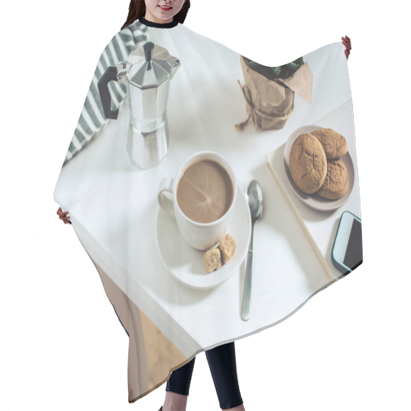 Personality  Coffee With Cookies And Potted Plant On Tabletop Hair Cutting Cape