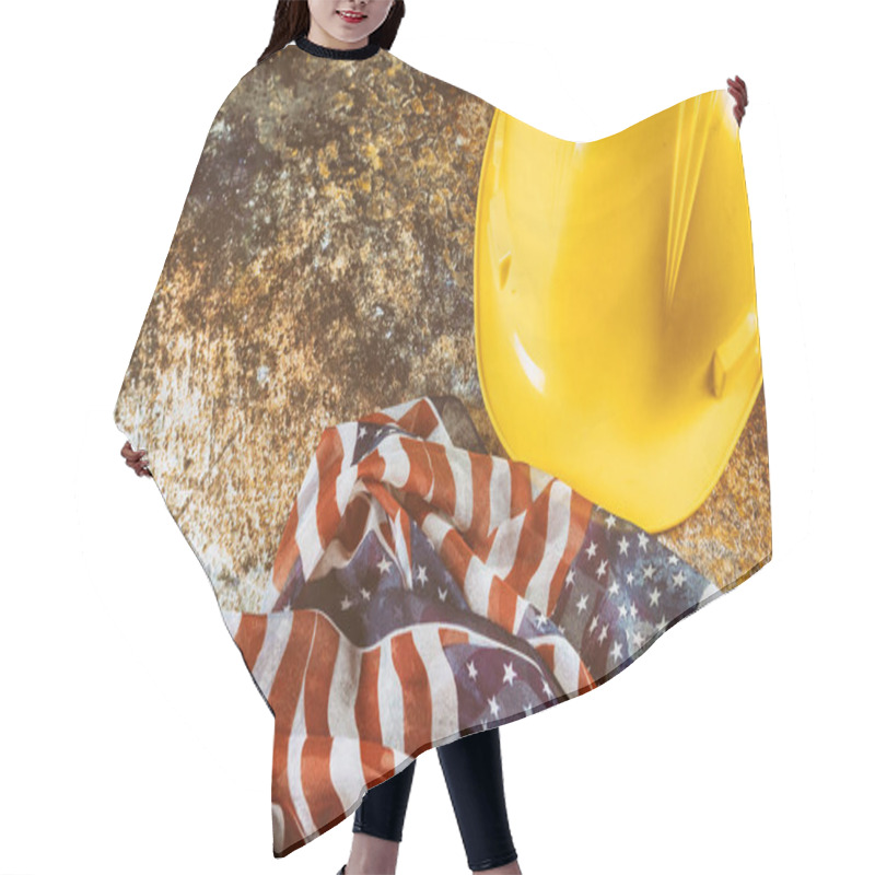 Personality  Happy Labor Day USA Patriotic, Yellow Hard Hat Construction Helmet USA Flag Over Wooden Deck Table Background. Hair Cutting Cape