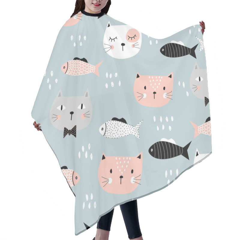 Personality  Seamless Pattern With Funny Kittens And Fish. Children's Illustration. For Printing On Children's Clothes. Hand-drawn. Hair Cutting Cape