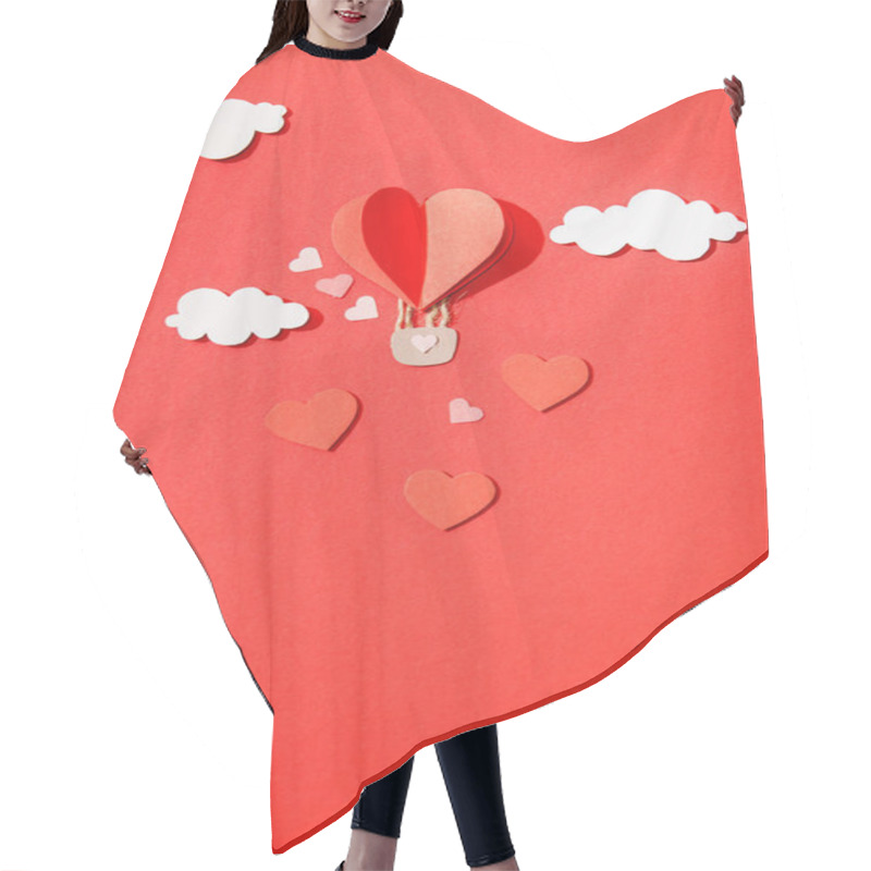 Personality  Top View Of Paper Heart Shaped Air Balloon In Clouds On Red Background Hair Cutting Cape