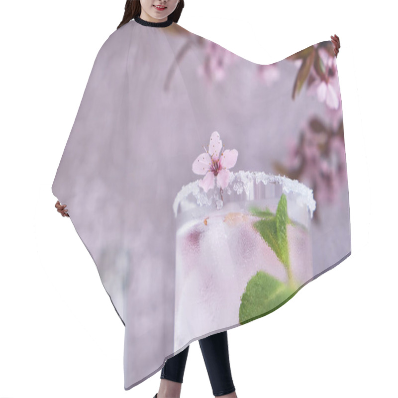 Personality  Closup Of Spring Cocktail With Condensation. Glass Of Pink Rose Champagne, Cider Or Lemonade With Ice And Mint. Blossom Cherry Branches Above. Black And Grey Background Hair Cutting Cape