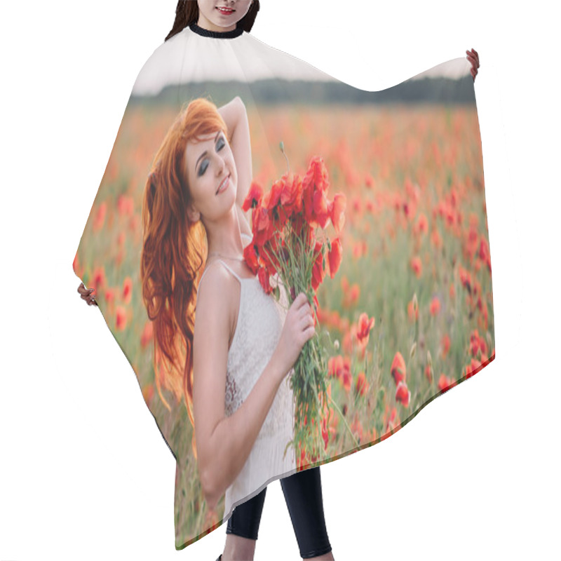 Personality  Beautiful Young Red-haired Woman In Poppy Field Holding A Bouquet Of Poppies Hair Cutting Cape