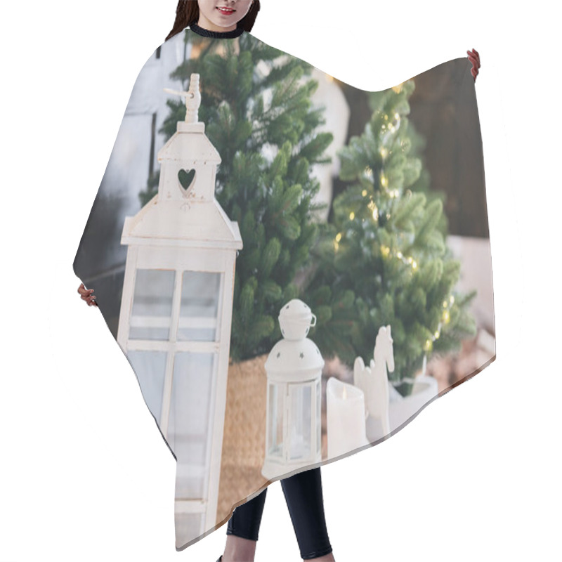 Personality  A Charming Indoor Winter Decoration Features White Lanterns, Candles, And Small Christmas Trees With Twinkling Lights, Creating A Warm, Festive Atmosphere For The Holiday Season. Hair Cutting Cape