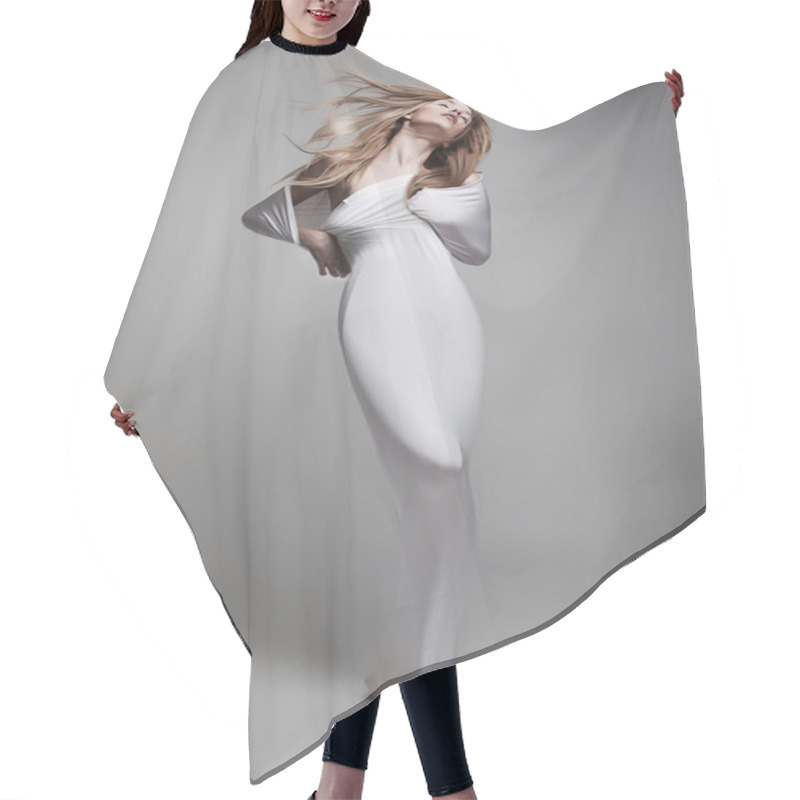 Personality  Graceful Mystical Young Woman In White Clothes Posing In Studio Hair Cutting Cape