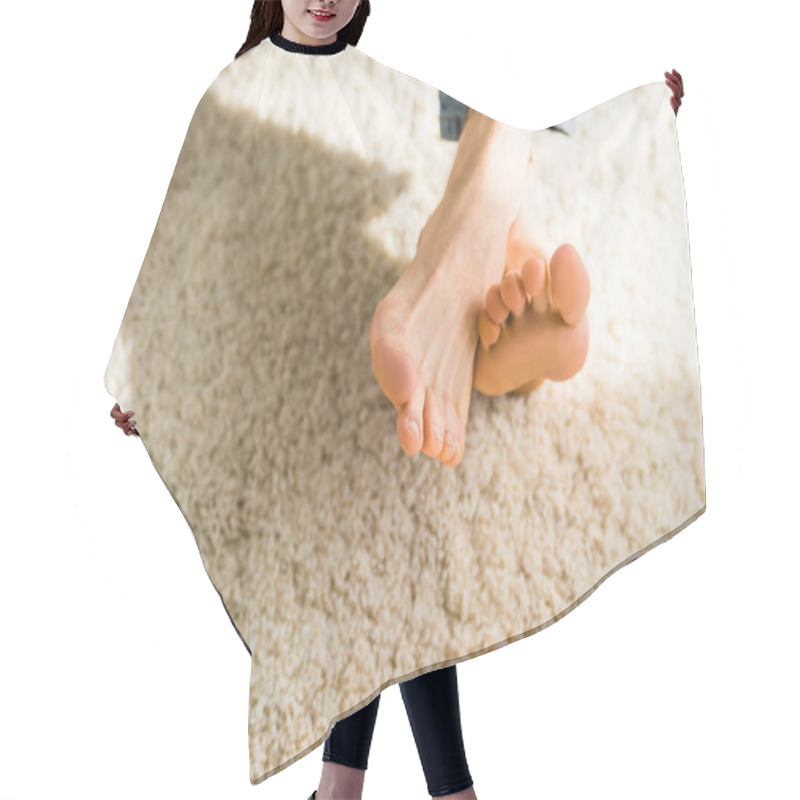 Personality  Cropped View Of Male Feet On Beige Rug Hair Cutting Cape