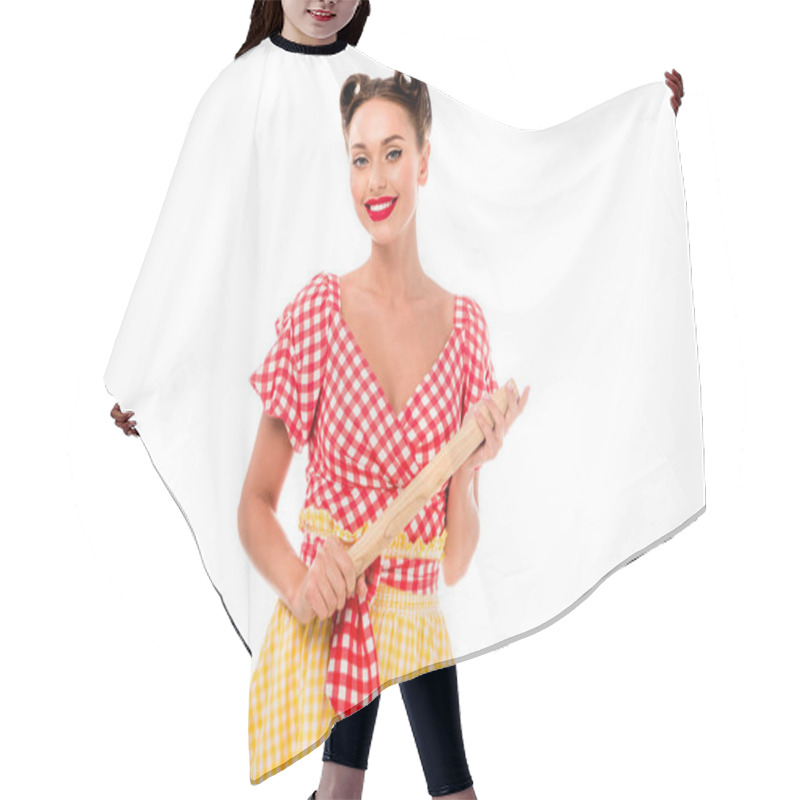 Personality  Smiling Stylish Pin Up Girl Holding Rolling Pin And Looking At Camera Isolated On White Hair Cutting Cape