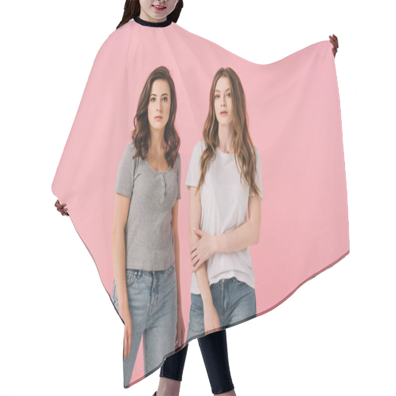 Personality  Attractive Women In T-shirts Looking At Camera Isolated On Pink Hair Cutting Cape