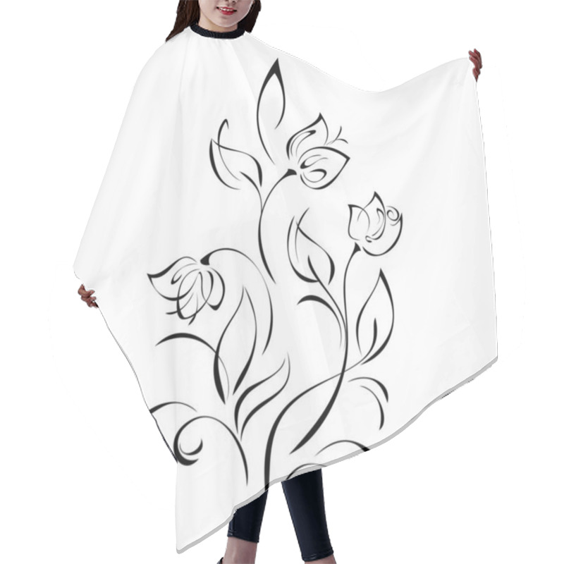 Personality  Three Stylized Rose Flower Buds On Stems With Leaves And Curls In Black Lines On A White Background Hair Cutting Cape