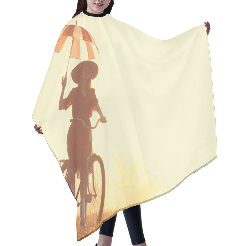 Personality  Girl With Umbrella On A Bike In The Countryside In Sunrise Time Hair Cutting Cape