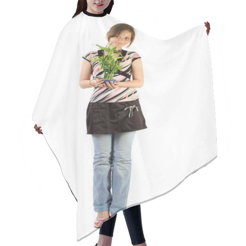 Personality  Young Girl With Home Plant Bamboo Hair Cutting Cape