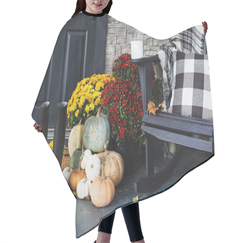 Personality  Hot Steaming Coffee Sitting On Rocking Chair On Front Porch That Has Been Decorated For Autumn With Heirloom White, Orange, Grey Pumpkins, Rain Boots And Mums. Selective Focus With Blurred Foreground And Background. Hair Cutting Cape