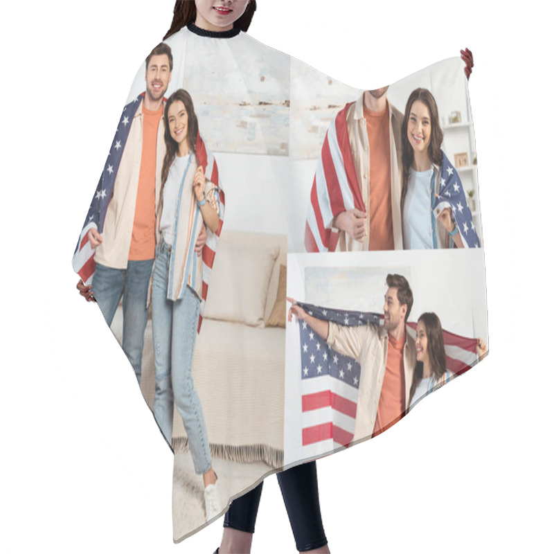 Personality  Collage Of Smiling Couple Wrapped In American Flag Smiling At Camera In Living Room Hair Cutting Cape