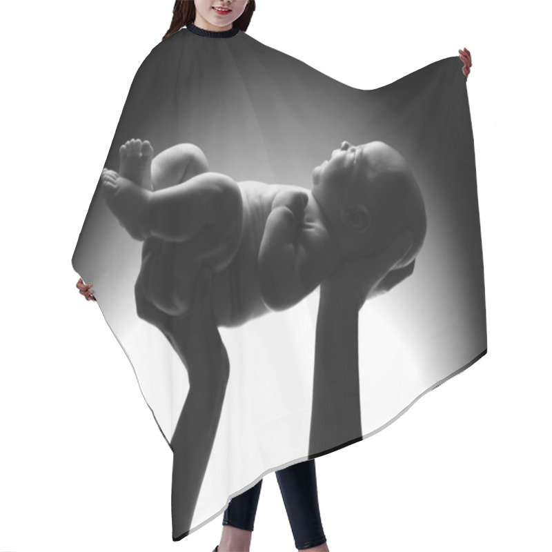 Personality  Mothers Hands Holding A Newborn Baby. Hair Cutting Cape