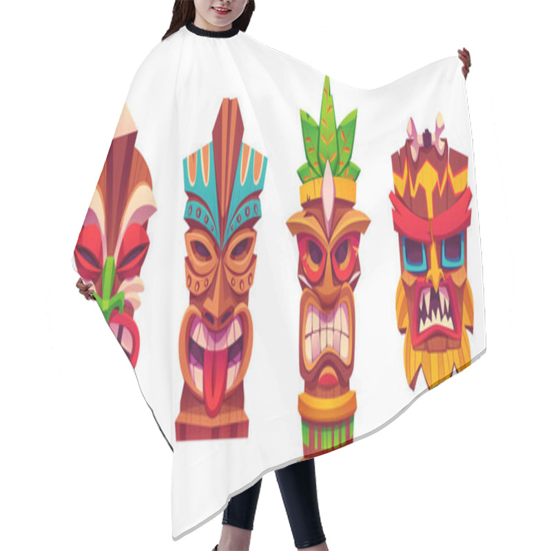 Personality  Traditional Hawaiian Totem Tiki Mask Collection. Cartoon Vector Illustration Set Of Wooden Tribal Culture Statue Head With Tropical Leaves Decorations. Face Emotions With Eyes, Teeth And Tongue. Hair Cutting Cape