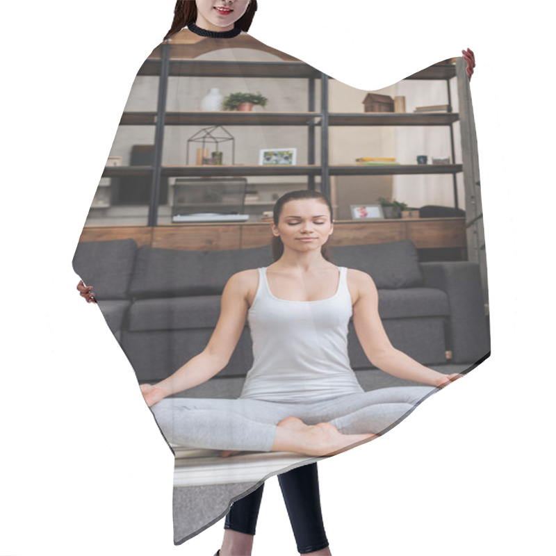 Personality  Beautiful Young Woman Sitting In Lotus Pose And Meditating At Home In Living Room Hair Cutting Cape