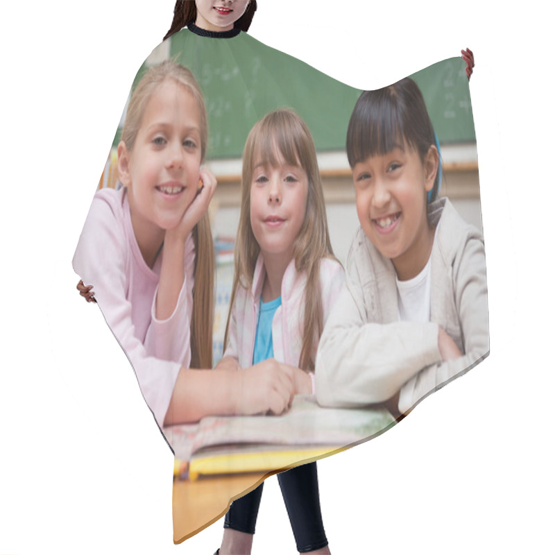 Personality  Smiling Schoolgirls Reading A Fairy Tale To Their Classmate Hair Cutting Cape