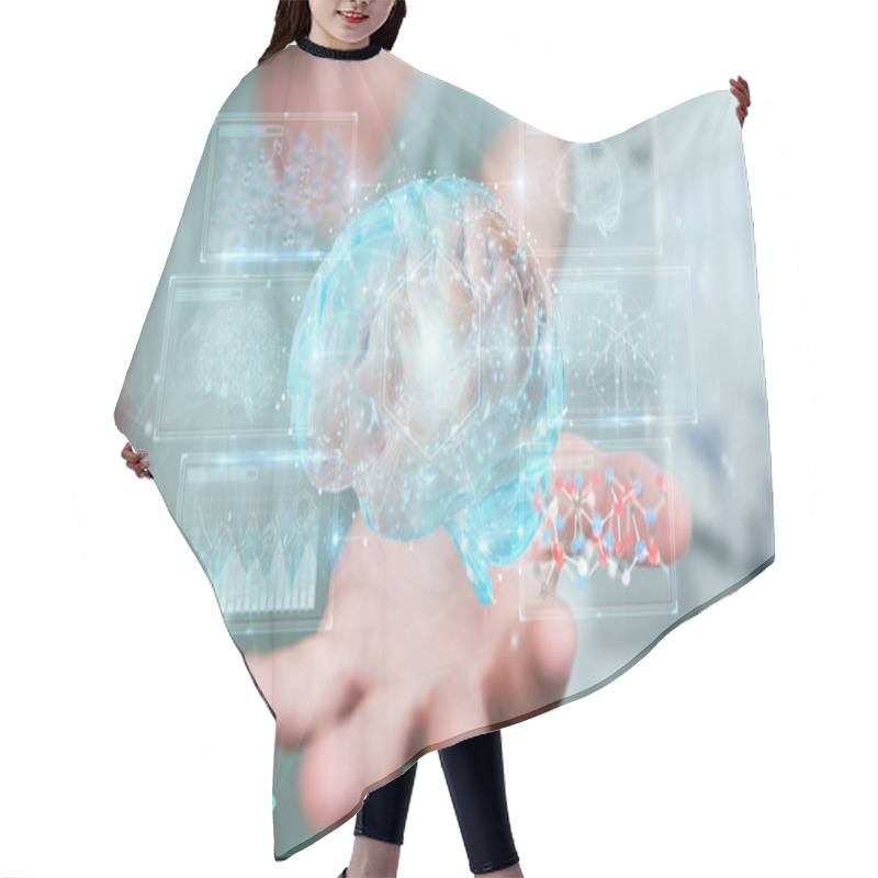 Personality  Businesswoman On Blurred Background Using Digital 3D Projection Of A Human Brain 3D Rendering Hair Cutting Cape