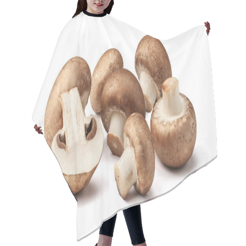 Personality  Two Fresh Mushrooms Champignons, One Whole And The Other Cut In Half Isolated On White Background With Clipping Path Hair Cutting Cape