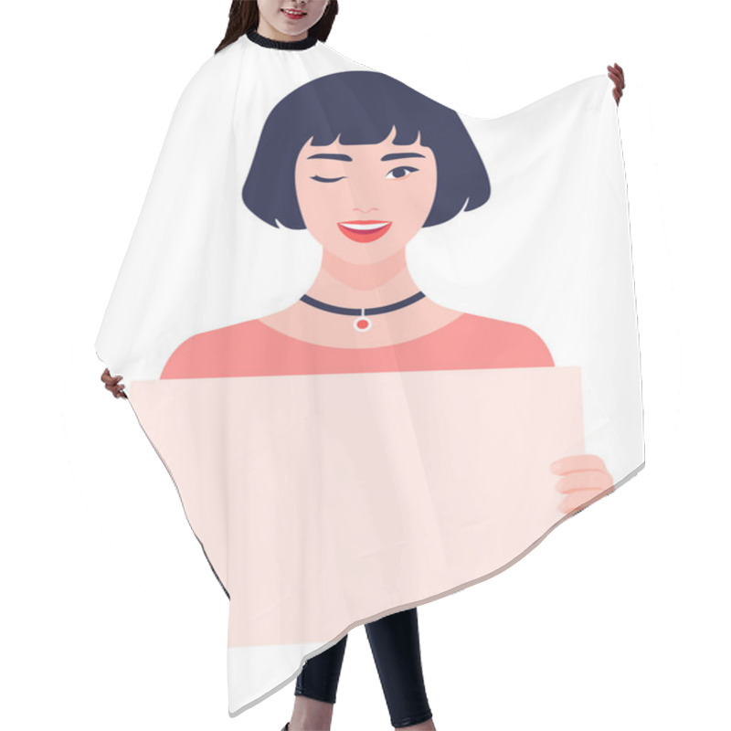 Personality  Asian Girl Holds In Her Hands A Blank Poster Without Text. Winking Young Woman On A White Background. Feminism And Women's Rights. A Student Is Protesting. Vector Illustration In Flat Style Hair Cutting Cape