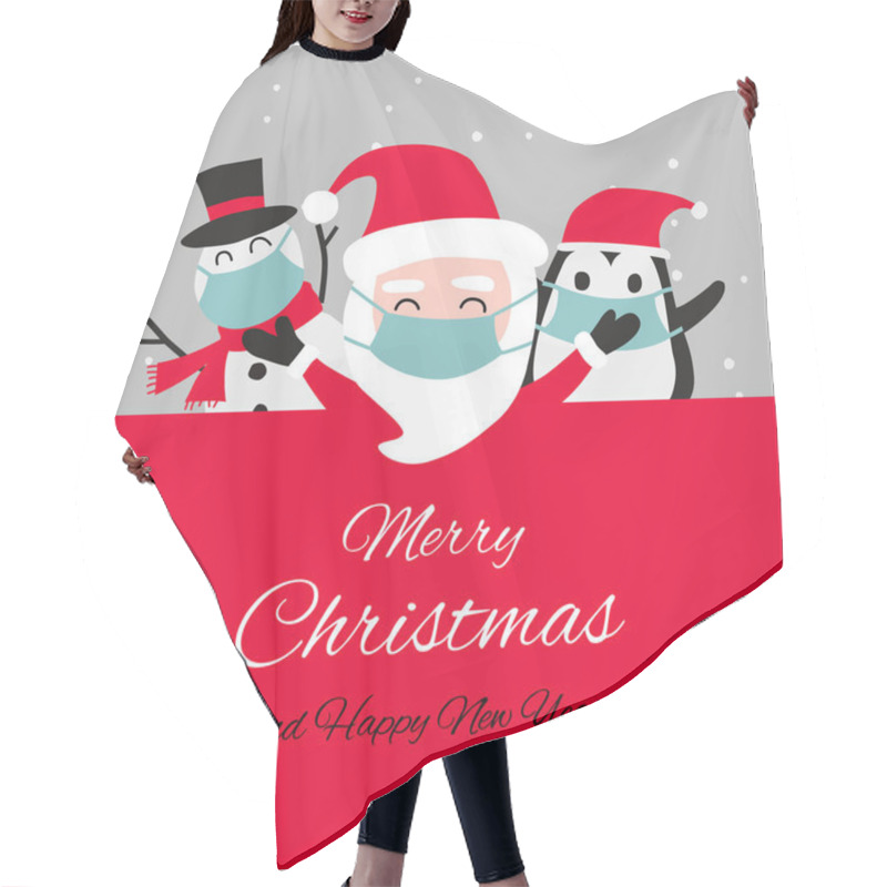 Personality  Snowman Penguin And Santa Cluas Are Happy Emotion And Wear Masks With Christmas Invitation Card Design Hair Cutting Cape