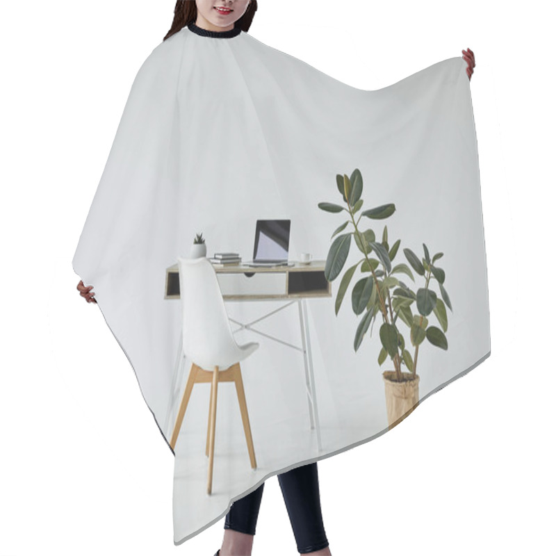 Personality  Table With Laptop And Books, White Chair And Plant In Flowerpot On Grey Background Hair Cutting Cape