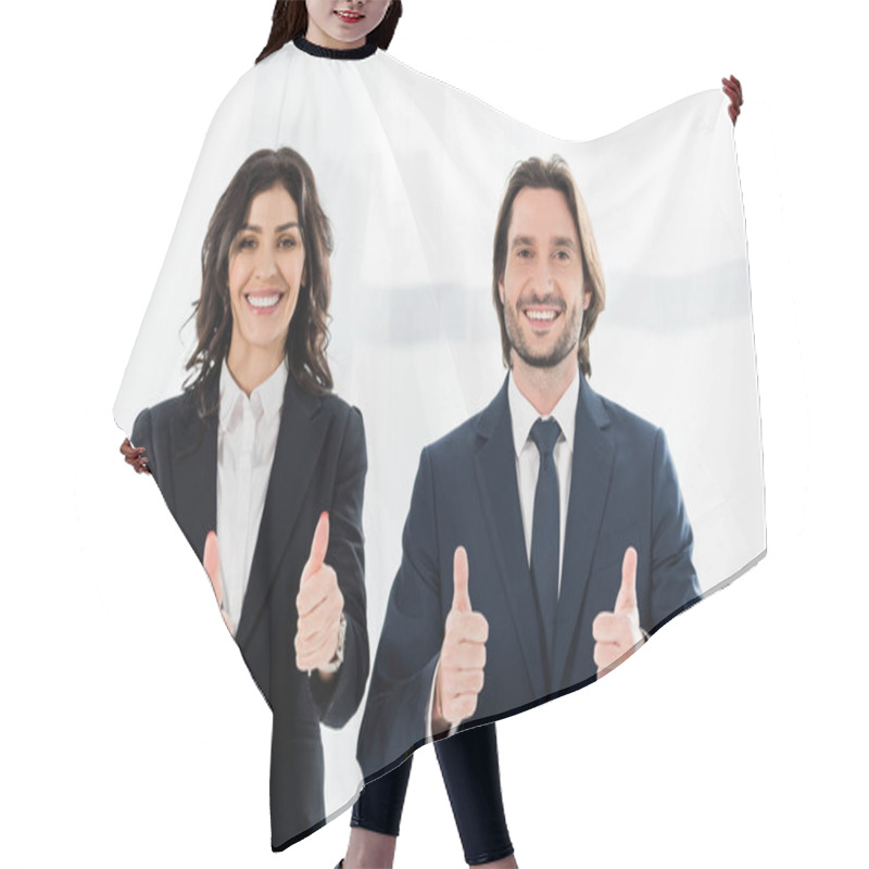 Personality  Cheerful Recruiters Smiling While Showing Thumbs Up And Looking At Camera  Hair Cutting Cape