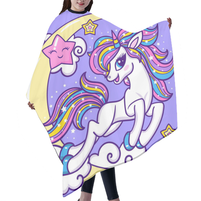 Personality  A Cute White Unicorn With A Rainbow Mane Rides On The Crescent Moon. Magic Fantastic Animal. For Kids Girly Designs For Prints, Posters, Postcards, Stickers, Greetings, Badges, Cards, And More. Vector Hair Cutting Cape